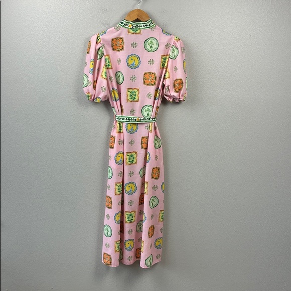 Porcelain Print Linen Midi Shirt Dress Pink Balloon Sleeve Belted Boho Luxe M - Picture 8 of 10